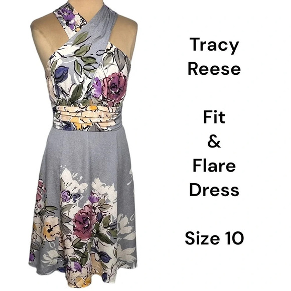 Tracy Reese blue gray floral silk crepe fit and flare dress watercolor floral - Picture 3 of 11